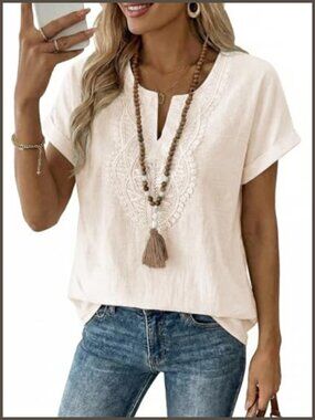 Womens Boho Crochet Notched V-Neck Short Sleeve Loose Fit T-Shirt